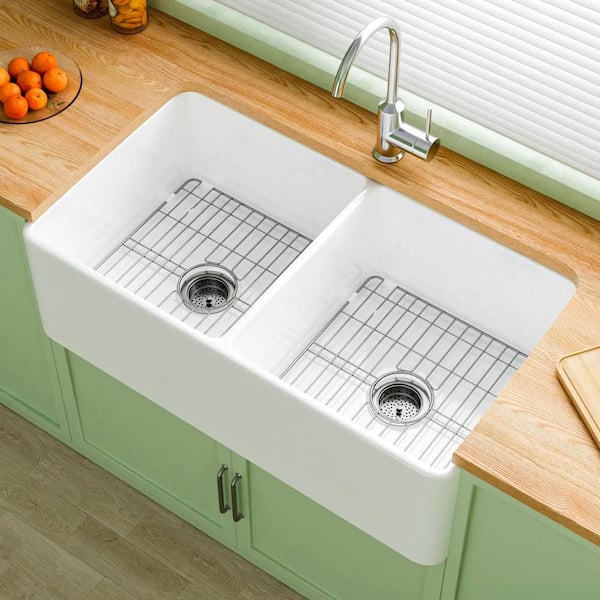 Farmhouse Series 33 in. Apron Front Kitchen Sink Double Bowl White Fireclay Sink with Bottom Grids and Drain Barn Sink