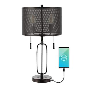 Hank 27 in. Oil Rubbed Bronze 2-Light Industrial Farmhouse Iron LED Table Lamp with USB Charging Port