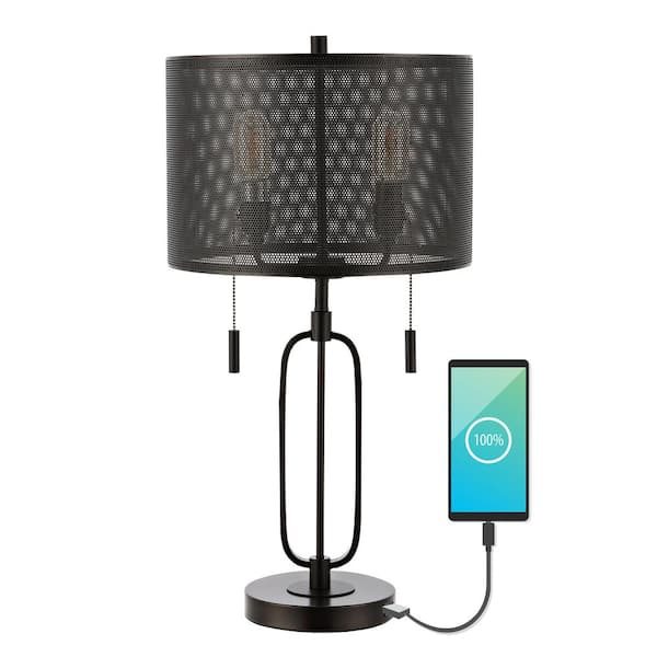 Hank 27 in. Oil Rubbed Bronze 2-Light Industrial Farmhouse Iron LED Table Lamp with USB Charging Port