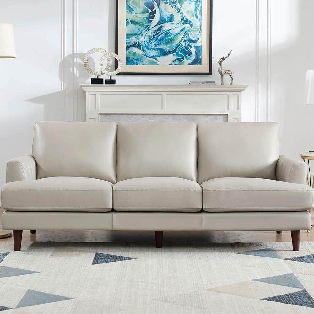Cassia 80 in. Square Arms Top Grain Leather Rectangle 3-Seater Sofa in Ice 