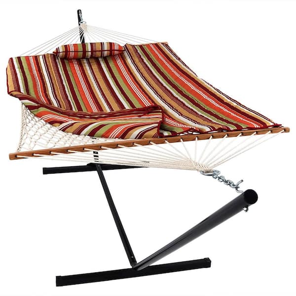 Sunnydaze 12 ft. Rope Hammock Bed Combo with Stand, Pad and Pillow in Tropical Orange
