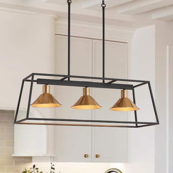 HUOKU Talia 3-Light 31.1 in. W Matte Black Chandelier Brass Barn Pendant Rectangular Light Fixture for Kitchen Dining Room