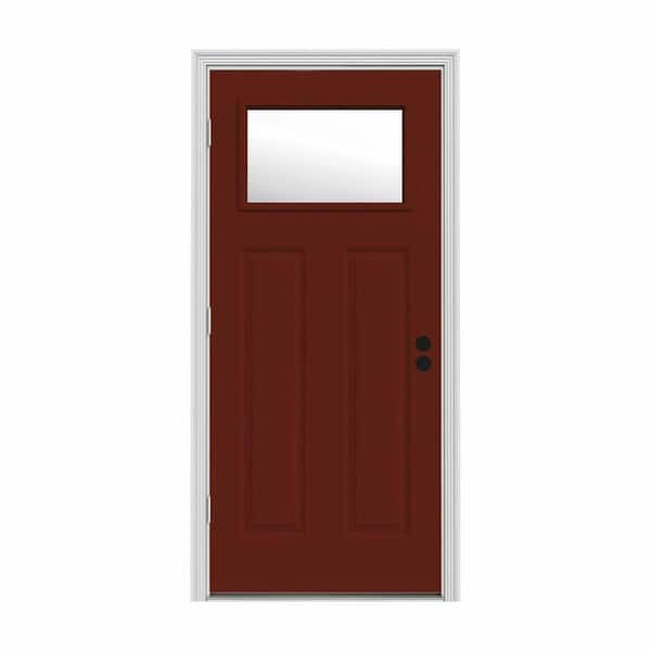 JELD-WEN 32 in. x 80 in. 1 Lite Craftsman Mesa Red Painted Steel Prehung Right-Hand Outswing Front Door w/Brickmould