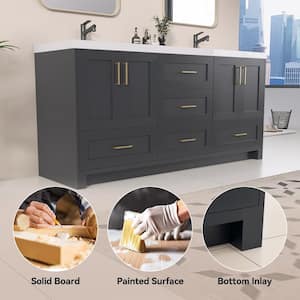 72 in. W x 22 in. D x 36 in. H Bathroom Vanity Double Sink Bath Vanity Cabinet in Dark Gray with White Solid Resin Top