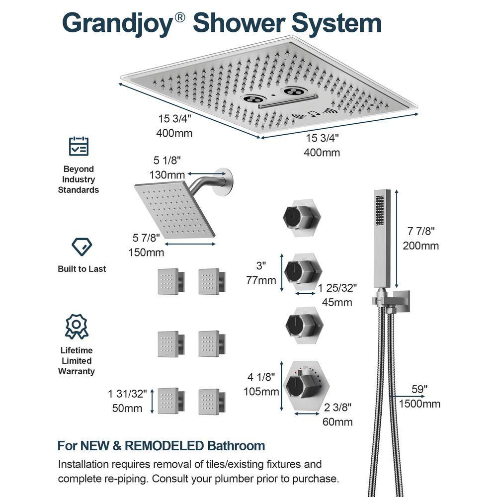 Brushed Nickel Dual Head LED Shower System with Bluetooth Speaker