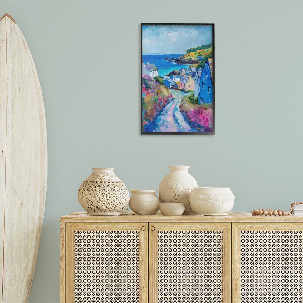 Seaside Town Overlook by LSR Design Studio Black Framed Nature Giclee Art Print 24 in. x 16 in.