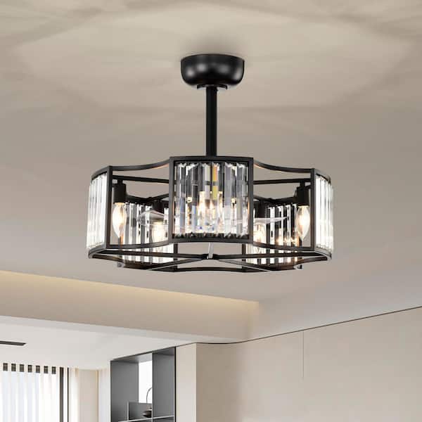 Heritage 12 in. 5-Light Indoor Black Crystal Downrod Type Modern Caged Ceiling Fan Downrod and Remote Control Included