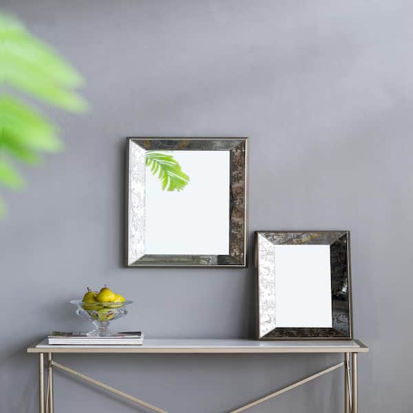 Unbranded 15.5 in. W x 24 in. H Rectangle Framed Antique Silver Hanging Wall Mirror, with Floral Accents, Mirrored Display Tray