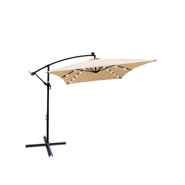 Tidoin 6.5 ft.x 10 ft. Steel Cantilever Solar Tilt Patio Umbrella in Tan with LED Light and Cross Base