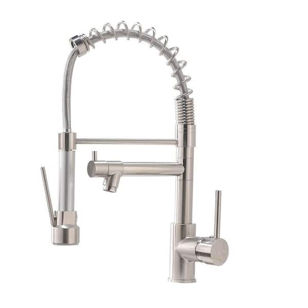 Spring Single Handle 16.1 in Pull Down Sprayer Kitchen Faucet with Spout Swivel in in Brushed Nickel