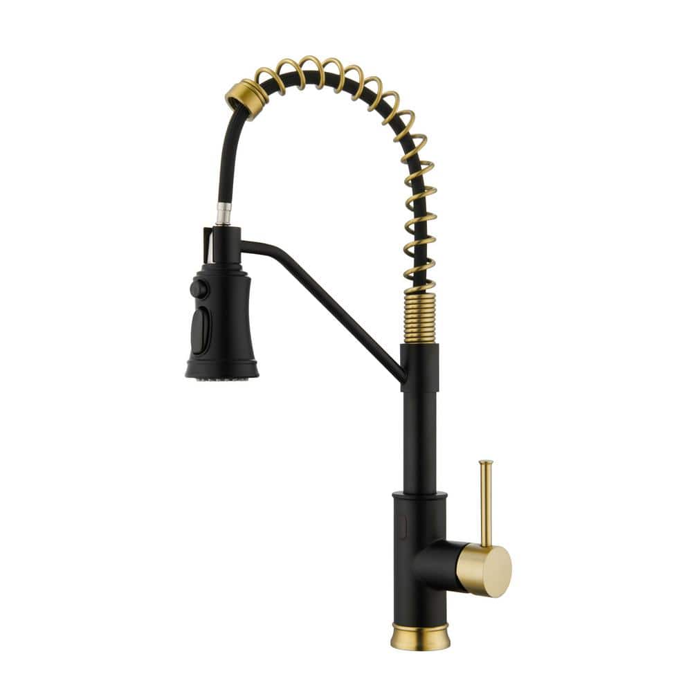 Tahanbath Single Handle Pull Out Sprayer Kitchen Faucet in Matte Black and Gold