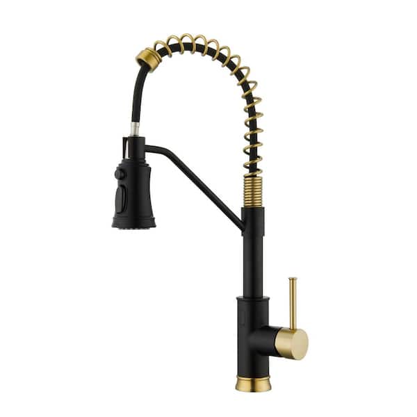 Tahanbath Single Handle Pull Out Sprayer Kitchen Faucet in Matte Black and Gold