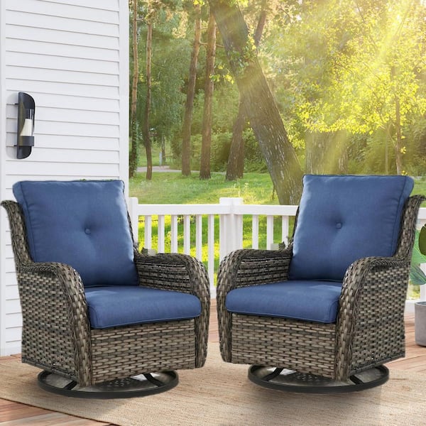 Gymojoy Carolina Gray Wicker Outdoor Rocking Chair with CushionGuard Blue Cushion (2-Pack)