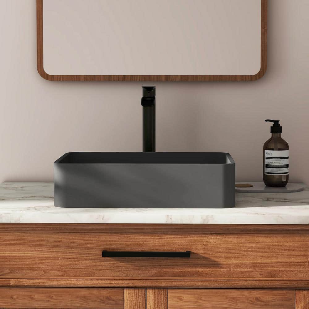Black Earth Rectangular Concrete Bathroom Vessel Sink with Drainer