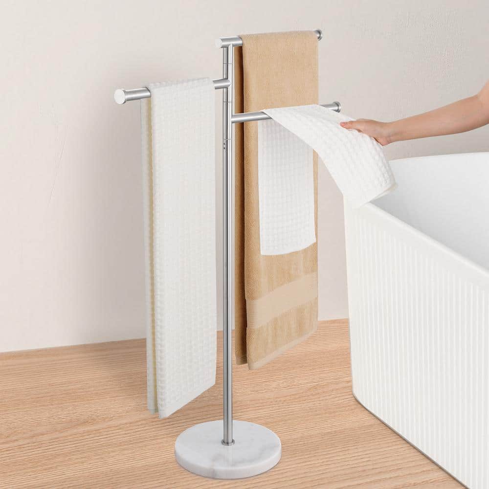 Brushed Steel Freestanding Towel Rack with Marble Base