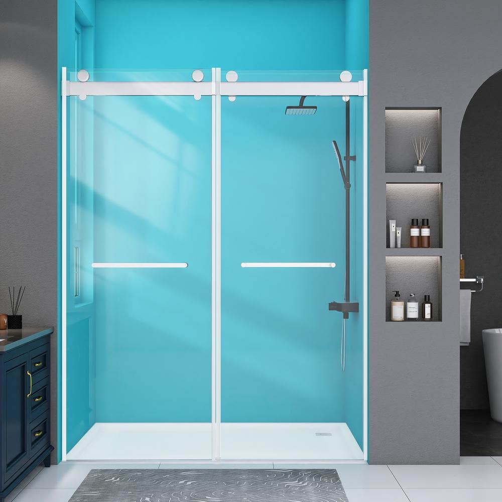 Ogonbrick Shower Door Frameless 57-60 W x 79 H Width Adjustable Double  Sliding Shower Doors with Soft Close & Anti-Jumping System Water Repellent  3/8 inch Tempered Glass Shower Door Brushed Nickel 