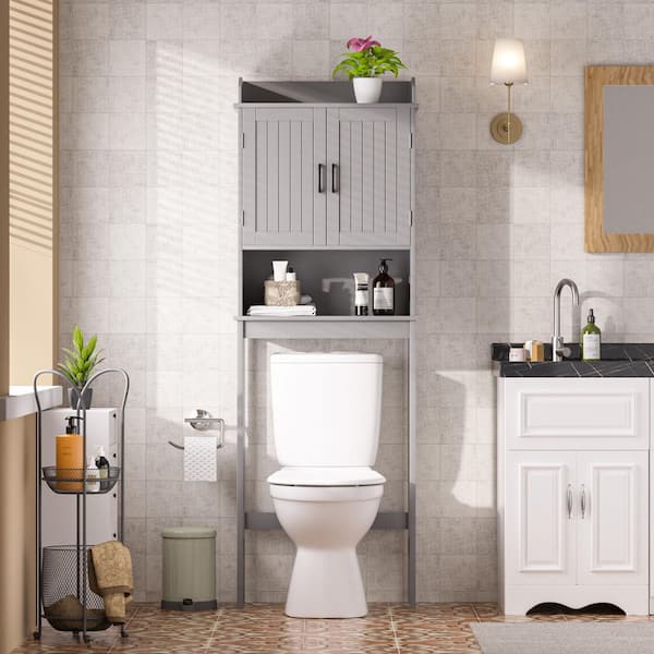 VEIKOUS 21.7 in. W x 66.9 in. H x 7.1 in. D Gray Bathroom Over-the-Toilet Storage with Adjustable Shelf and Doors