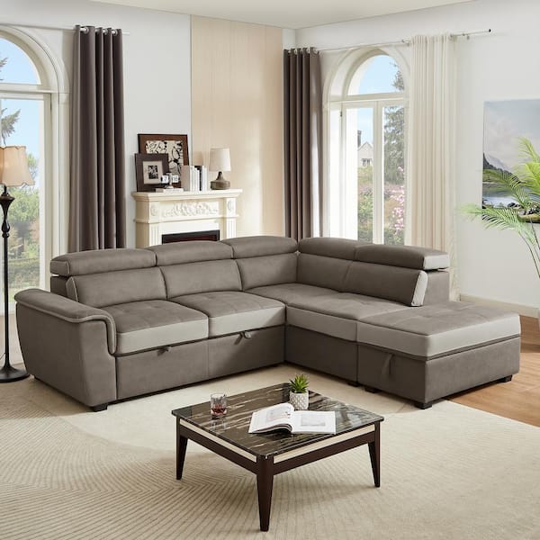 101.97 in. W Slope Arm Brown L Shaped Polyester Full Size Sofa Bed with Storage