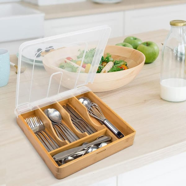 Bamboo Natural Wooden Utensil Holders Drawer Organizer with Lid for Kitchen Countertop