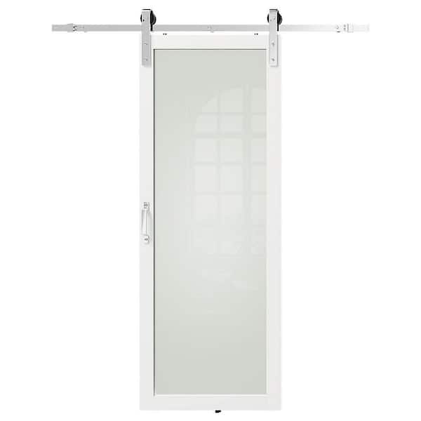 30 in. x 84 in. Full Lite Frosted Glass White Pre-assembled Panel MDF Brushed Nickel Sliding Barn Door with Hardware Kit