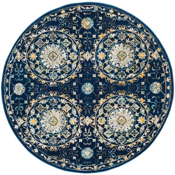 SAFAVIEH Evoke Navy/Ivory 7 ft. x 7 ft. Round Border Circles Floral Area Rug