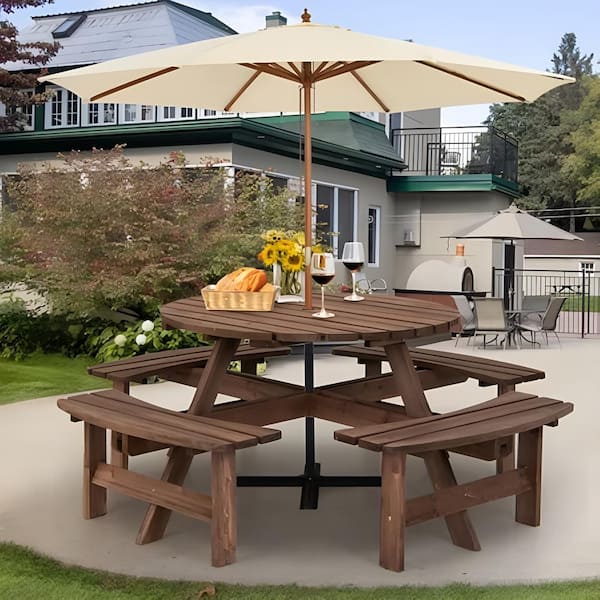 Unbranded 63 in. Brown Round Wood Frame Picnic Table Seats 8-People w/ Umbrella Hole and 3-Built-In Benches, Outside Bench Set