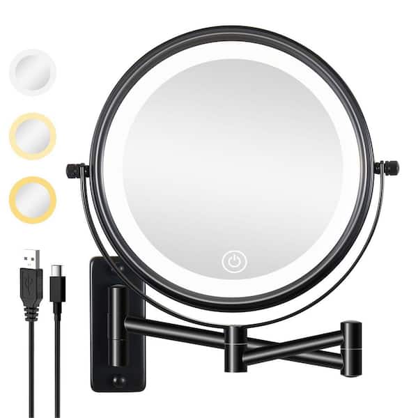 Unbranded 8 in. W x 8 in. H Round Framed Wall Bathroom Vanity Mirror in Black, 3 Color LED 10X Magnifying Makeup Mirror, Hotel
