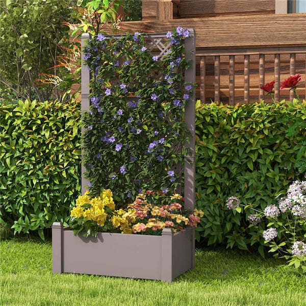 30 in. L x 18 in. W x 59 in. H, Coffee Plastic Rectangular Outdoor Raised Bed with Trellis Self-Watering (1-Pack)