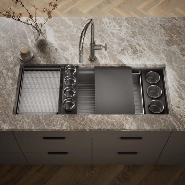 Synthos 45.75 in Undermount Single Bowl Stainless Steel Workstation Kitchen Sink with Paper Composite Accessory Bundle