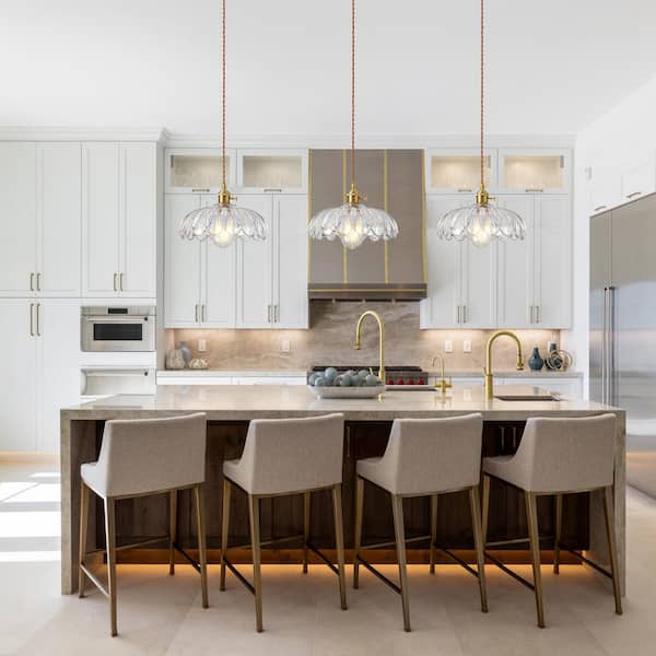 Modern 1-Light Clear Mid-Century Plug-In Hanging Pendant Light with Ribbed Flower Glass Shade Kitchen Island Chandelier