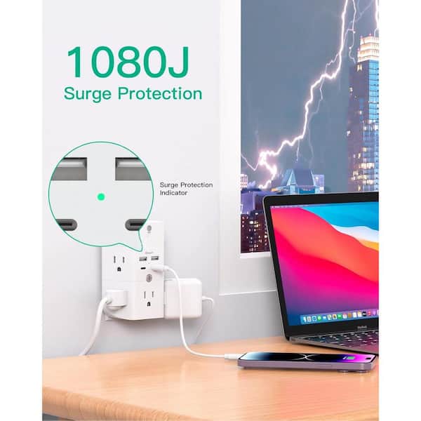 EKIEUDL - 5-Outlet Power Strip Surge Protector Extender Splitter with 4 USB Port in White