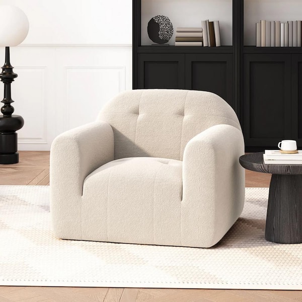 Cream Boucle Fabric Tufted Arm Chair, No Assembly Required