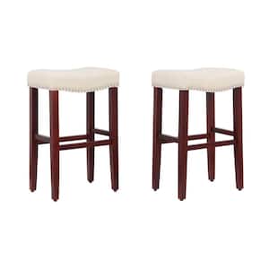 Jameson 29 in. Bar Height Cherry Wood Backless Barstool with Upholstered Beige Linen Saddle Seat Stool (Set of 2)