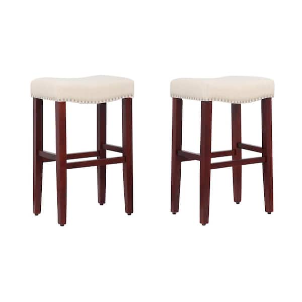 WESTINFURNITURE Jameson 29 in. Bar Height Cherry Wood Backless Barstool with Upholstered Beige Linen Saddle Seat Stool (Set of 2)
