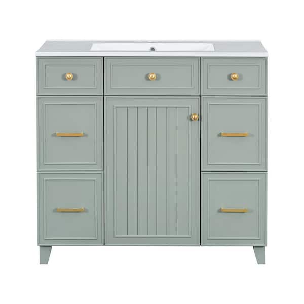 kureha⭐️36 JUJABU 36 in. Freestanding Green Bath Vanity with White Ceramic