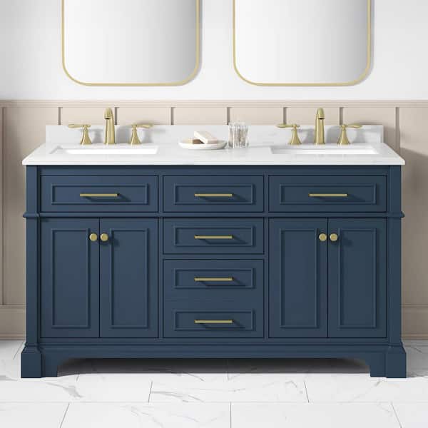 Melpark 60 in. Double Sink Grayish Blue Bath Vanity with White Engineered Marble Top (Assembled)