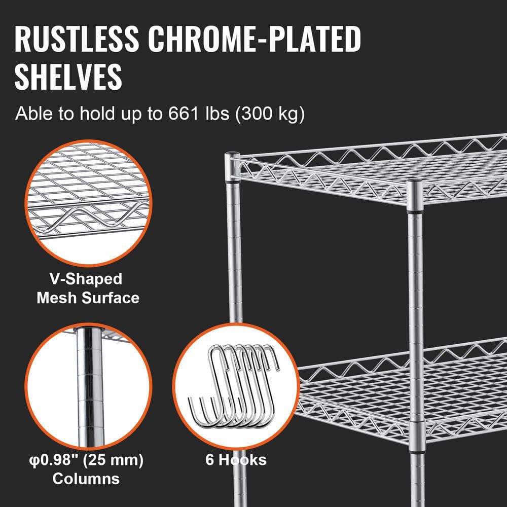Silver 3-Tier Steel Utility Cart with Hooks and Wheels