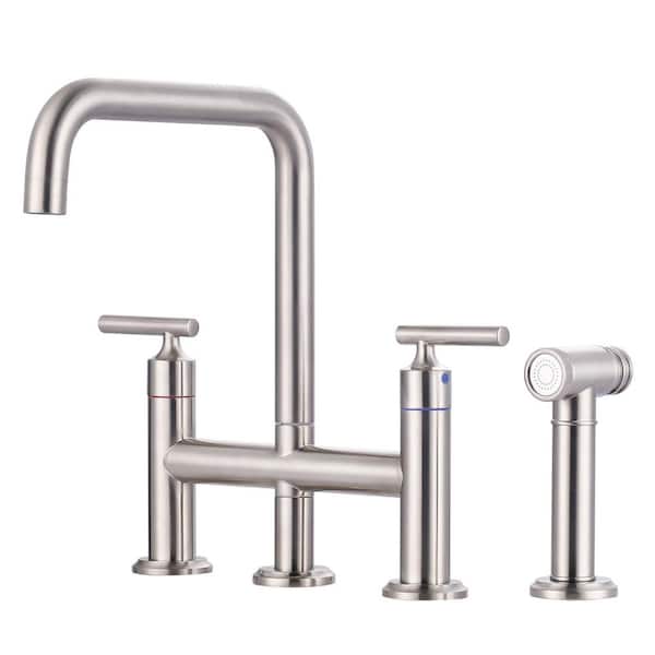 Deck Mount Double Handle Brass Bridge Kitchen Faucet with Pull-Out Side Sprayer in Brushed Nickel