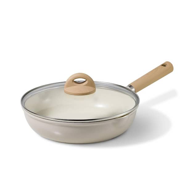 10 in. Taupe Ceramic Frying Pan with Lid, Non Stick Frying Pan Skillet Chef's Pan, Healthy, PFOA and PFAS Free