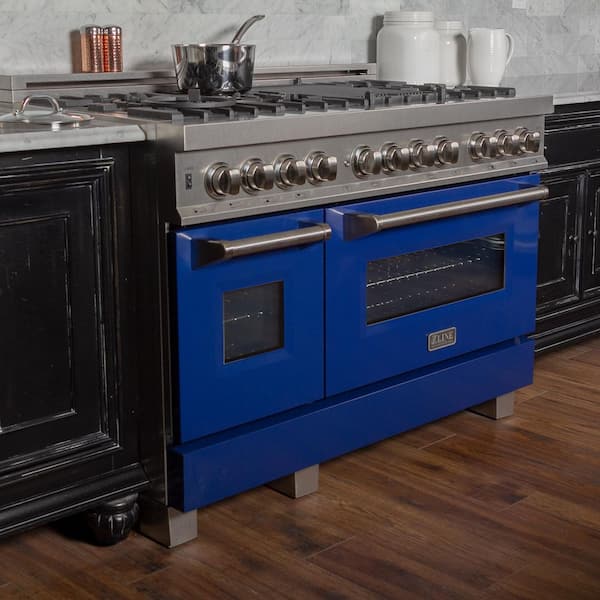 48 in. Legacy Dual Fuel Range with 7 Burners and 2 Electric Ovens in Satin Stainless Steel and Blue Gloss Doors