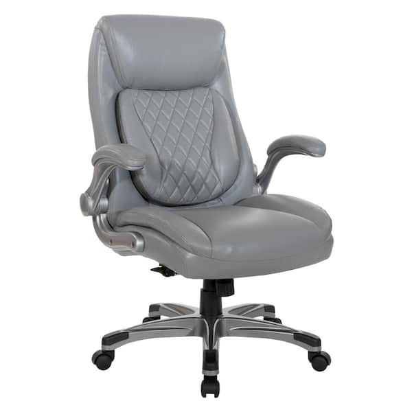 Office Star Products Bonded Leather Seat Adjustable Height, Swivel, Wheels, Ergonomic Executive Chair in Grey with Nonadjustable Arms
