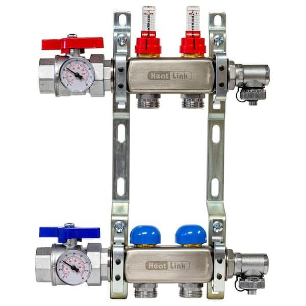 2 Loop 1 in. FNPT x 1/2 in. PEX-B Barb 1-1/4 in. Stainless Steel Radiant Heat Manifold with Flow Meters