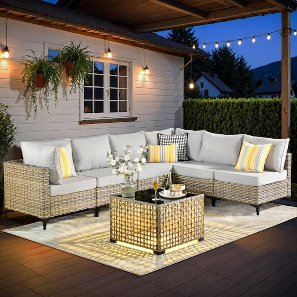 HOOOWOOO Holston 7-Piece Wicker Modern Outdoor Patio Conversation Sofa Sectional Set with a LED Table and Light Grey Cushions