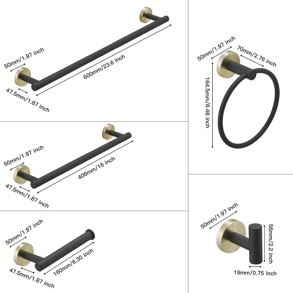 BWE 24-Inch Black and Gold Stainless Steel 6-Piece Bath Hardware Set