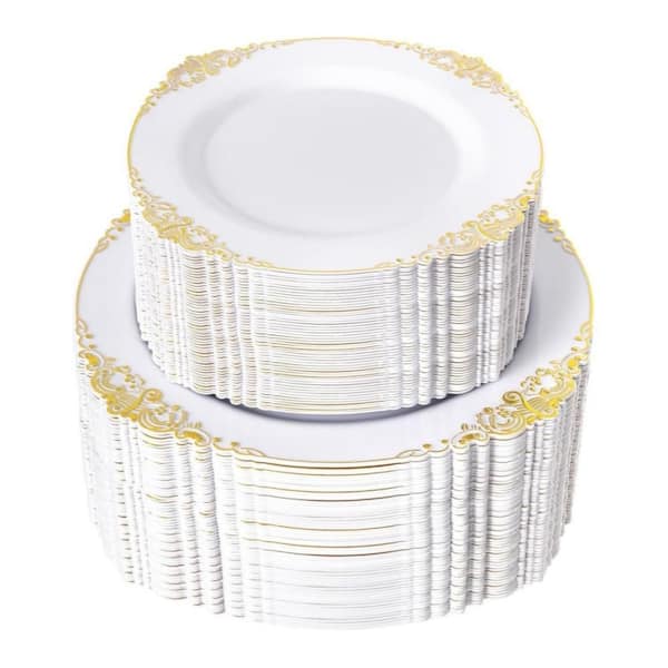 White Trim Heavy Duty Disposable Plates, Food-Grade Plastic Dinner and Dessert Plates for Tea Parties (Set of 200)