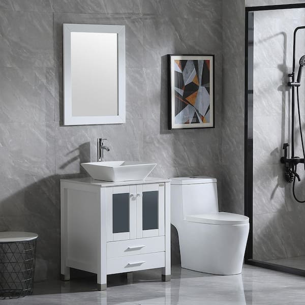 Wonline 24.5 in. W x 21.7 in. D x 61 in. H Single Sink Bath Vanity in White with Glass Top and Mirror