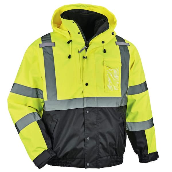 Ergodyne Men's X-Large Lime High Visibility Reflective Bomber Jacket with Zip-Out Black Fleece