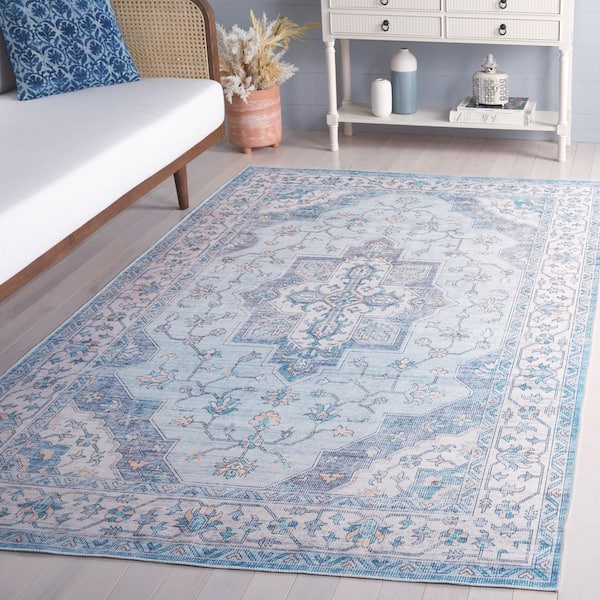 Arizona 5 ft. x 8 ft. Light Blue/Ivory Machine Washable Faded Medallion Area Rug