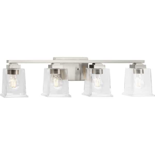 Progress Lighting Gilmour 27.87 in. 4-Light Brushed Nickel Craftsman Vanity Light with Clear Glass Shades for Bath and Vanity
