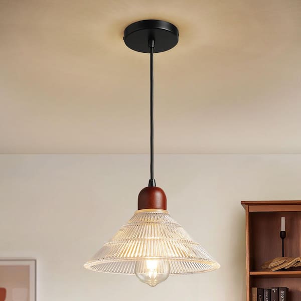 60-Watt 1-Light Walnut Pendant Light with Umbrella-Shaped Glass Shade Modern Hanging Light Fixture For Kitchen Island